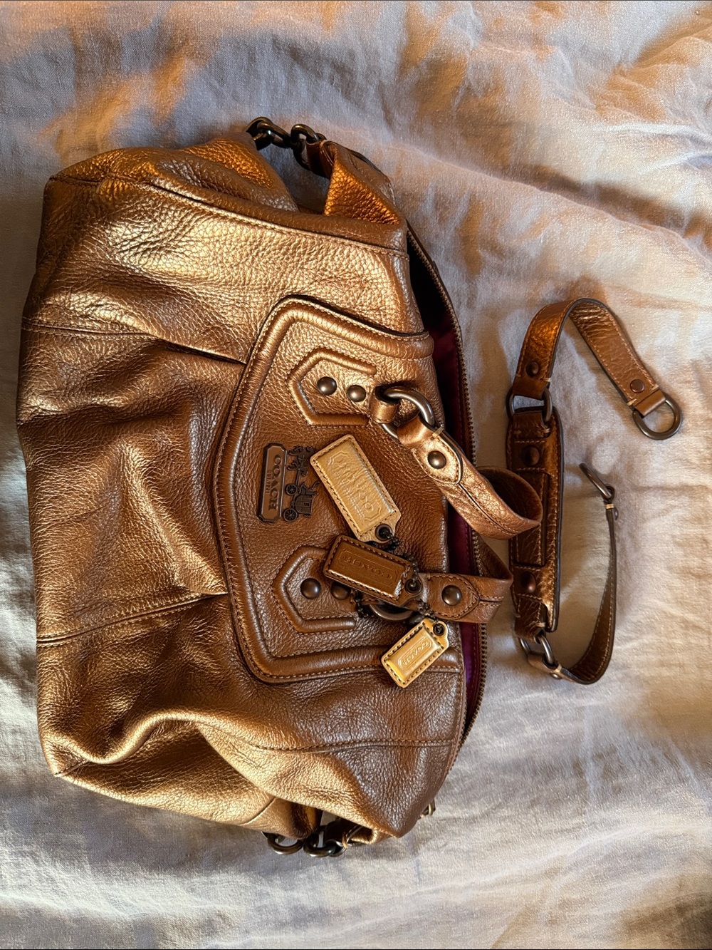 COACH Madison Sabrina Bronze Leather Satchel Handbag with Purple Lining - Picture 6 of 6